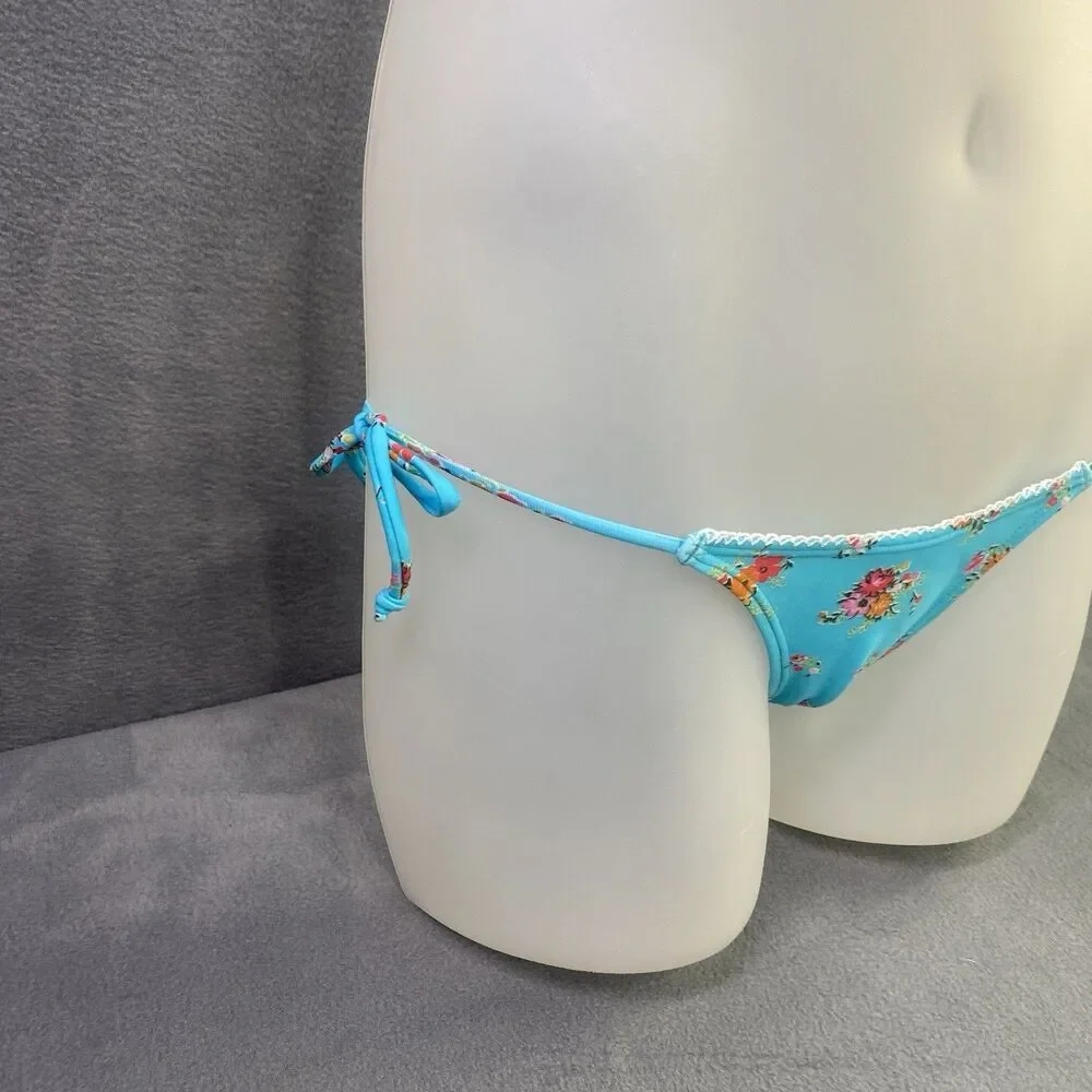 AGUA DOCE Brazilian 2-pc Bikini Size Large Blue Flowers Lace Trim Hip Tie